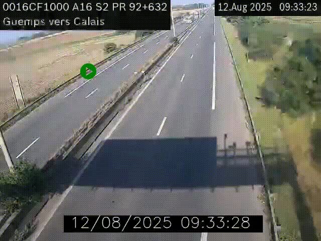 Webcam A16 juste après l'aire de repos d'Offekerque à Guemps. Vue orientée vers Calais