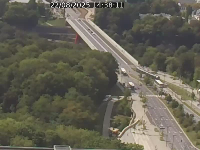 Webcam sur l'avenue John Fitzgerald Kennedy (N51) avec vue sur le Pont rouge (Pont Grande Duchesse Charlotte), l'arrêt Pfaffenthal et l'entrée du quartier Kirchberg