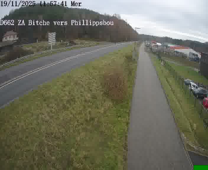 Caméra de trafic sur D662 (France) à Bitche, orientée vers Phillippsbourg, permettant d’évaluer fluidité, incidents et densité automobile.