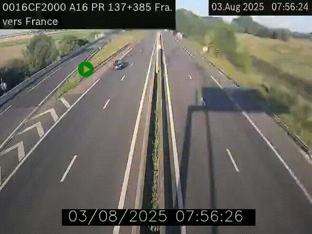 Webcam à la frontière franco-belge au niveau de Bray-Dunes/De-Panne sur l'autoroute A16. Vue orientée vers Calais