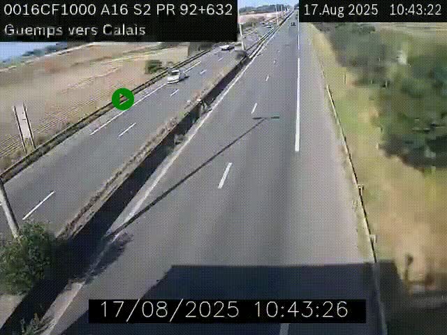 Webcam A16 juste après l'aire de repos d'Offekerque à Guemps. Vue orientée vers Calais