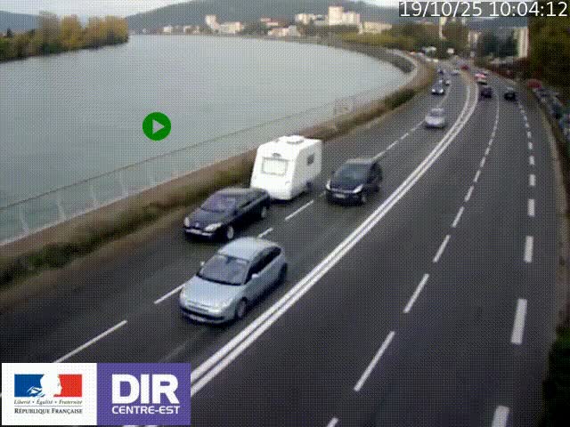 Webcam sur le quai Parjot à Vienne, aux Portes de Lyon, sur la Nationale 7, à la jonction avec le boulevard du Rhône-nord (D1407), caméra orientée vers Lyon