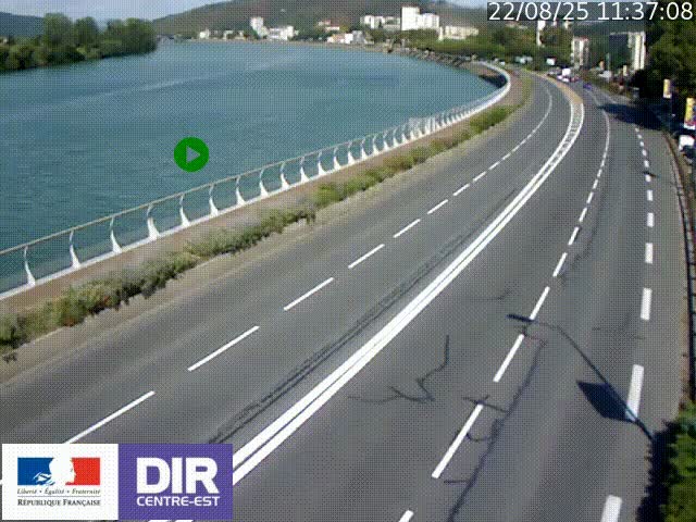 Webcam sur le quai Parjot à Vienne, aux Portes de Lyon, sur la Nationale 7, à la jonction avec le boulevard du Rhône-nord (D1407), caméra orientée vers Lyon