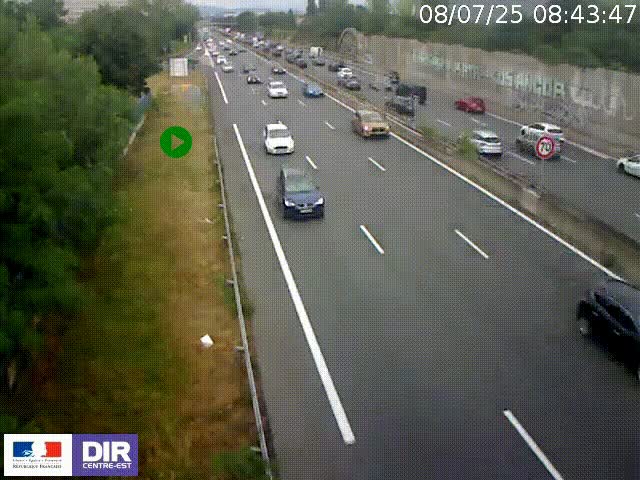 Webcam à Bron sur l'A43 à la jonction avec le boulevard périphérique de Lyon (D383). Vue orientée vers Lyon