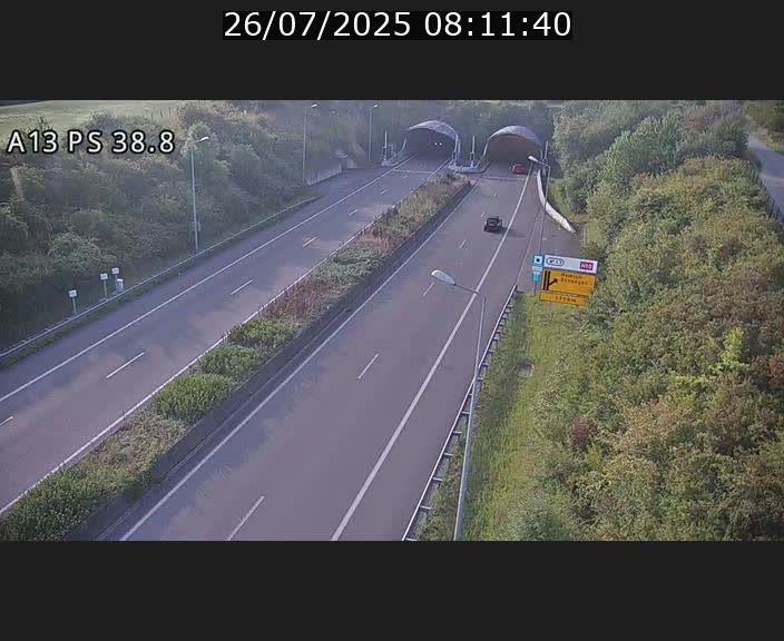 Webcam autoroute A13 à l'entrée ouest du tunnel Markusbierg à Schengen. Vue orientée vers Mondorf-les-Bains
