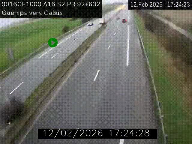 Webcam A16 juste après l'aire de repos d'Offekerque à Guemps. Vue orientée vers Calais