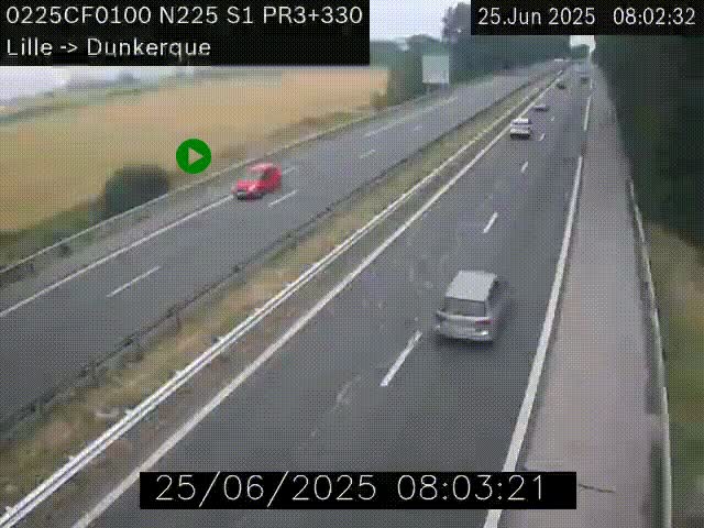 Webcam autoroute A25 (N225) à hauteur de Bergues (Bierne). Vue orientée vers Dunkerque.