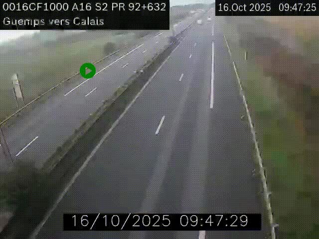 Webcam A16 juste après l'aire de repos d'Offekerque à Guemps. Vue orientée vers Calais
