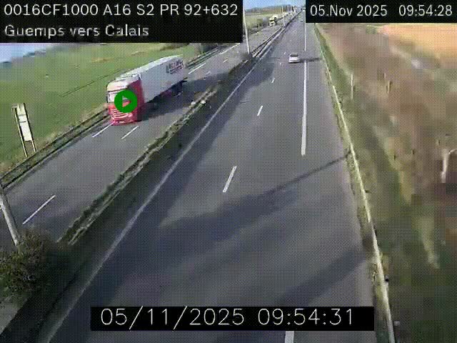 Webcam A16 juste après l'aire de repos d'Offekerque à Guemps. Vue orientée vers Calais