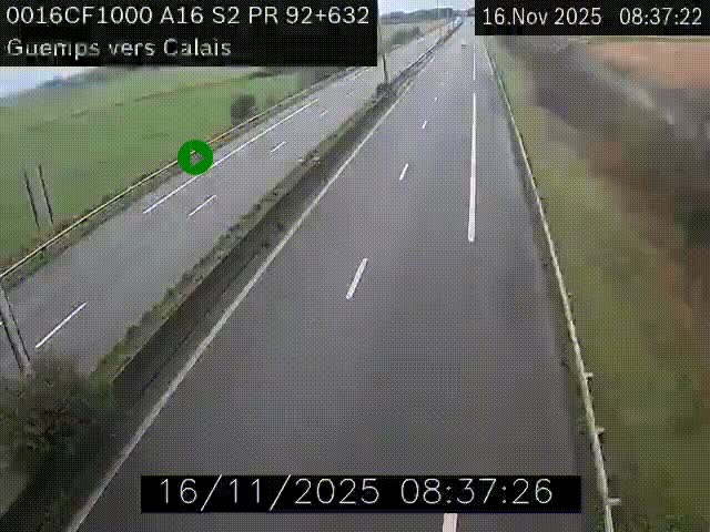 Webcam A16 juste après l'aire de repos d'Offekerque à Guemps. Vue orientée vers Calais