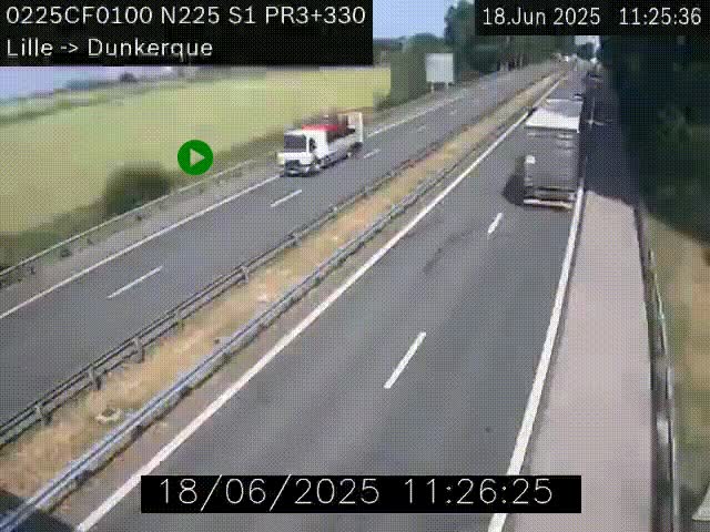 Webcam autoroute A25 (N225) à hauteur de Bergues (Bierne). Vue orientée vers Dunkerque.