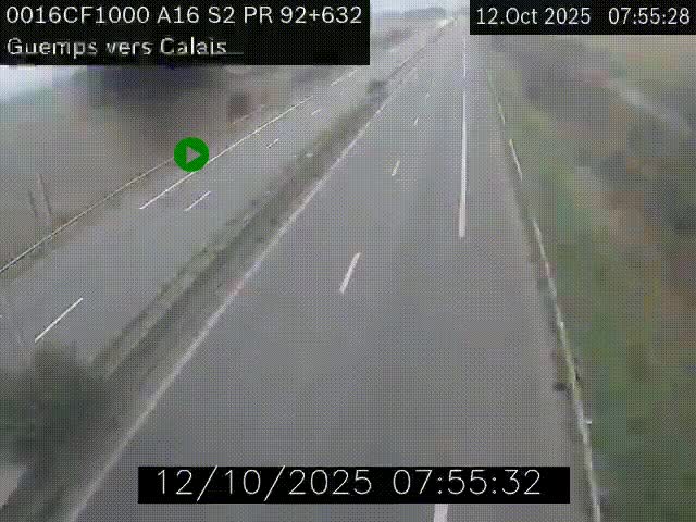 Webcam A16 juste après l'aire de repos d'Offekerque à Guemps. Vue orientée vers Calais