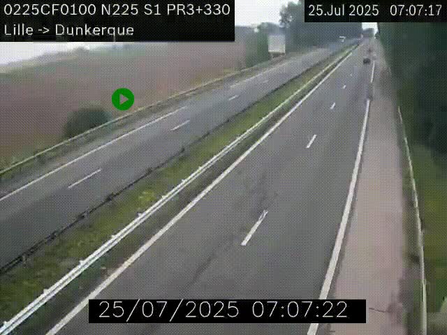 Webcam autoroute A25 (N225) à hauteur de Bergues (Bierne). Vue orientée vers Dunkerque.