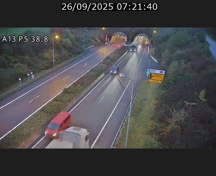 Webcam autoroute A13 à l'entrée ouest du tunnel Markusbierg à Schengen. Vue orientée vers Mondorf-les-Bains