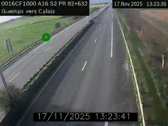 Webcam A16 juste après l'aire de repos d'Offekerque à Guemps. Vue orientée vers Calais