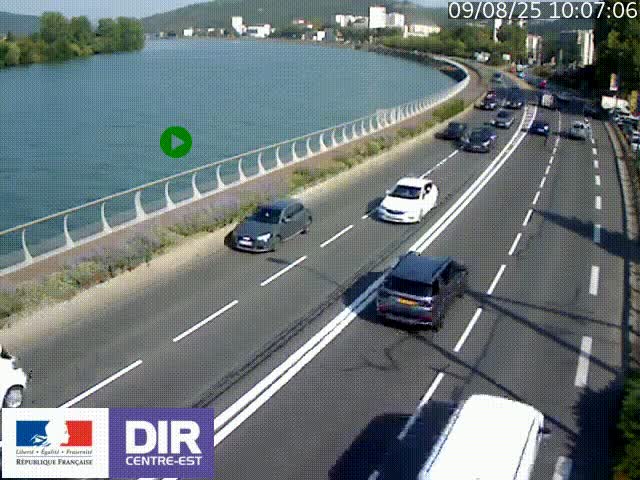 Webcam sur le quai Parjot à Vienne, aux Portes de Lyon, sur la Nationale 7, à la jonction avec le boulevard du Rhône-nord (D1407), caméra orientée vers Lyon