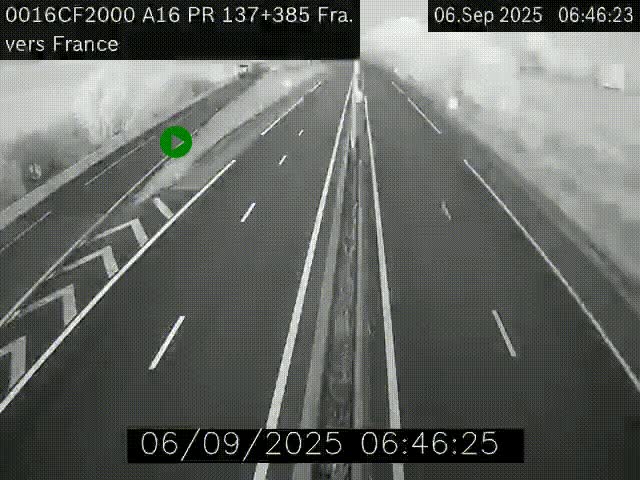 Webcam à la frontière franco-belge au niveau de Bray-Dunes/De-Panne sur l'autoroute A16. Vue orientée vers Calais