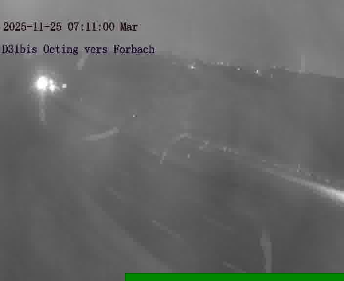 Caméra routière située sur D31bis (France) à Oeting, orientée vers Forbach, surveillant en continu la circulation locale et régionale.