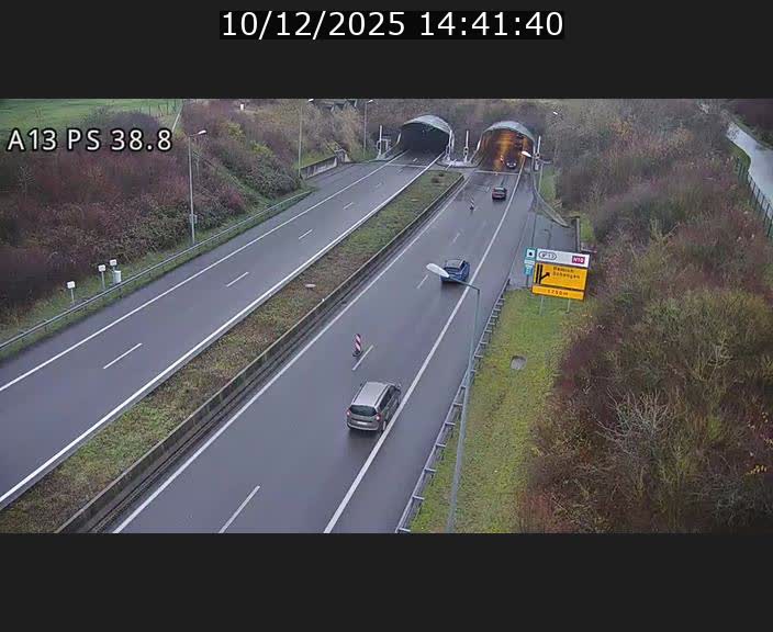 Webcam autoroute A13 à l'entrée ouest du tunnel Markusbierg à Schengen. Vue orientée vers Mondorf-les-Bains