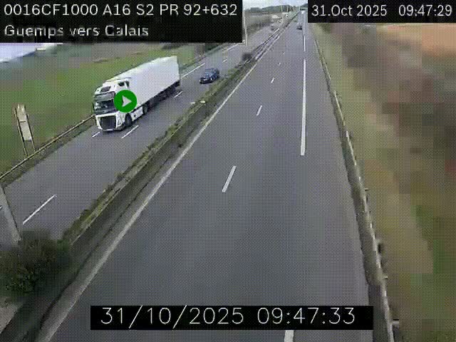Webcam A16 juste après l'aire de repos d'Offekerque à Guemps. Vue orientée vers Calais