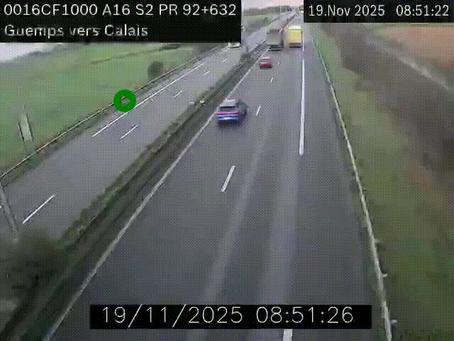 Webcam A16 juste après l'aire de repos d'Offekerque à Guemps. Vue orientée vers Calais