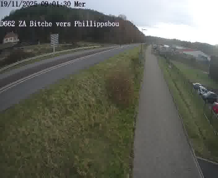 Caméra de trafic sur D662 (France) à Bitche, orientée vers Phillippsbourg, permettant d’évaluer fluidité, incidents et densité automobile.