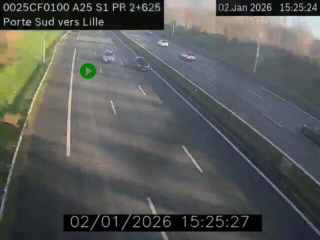 Webcam autoroute A25 sur le périphérique de Lille à hauteur de Lille-Sud et la sortie 3 Faches-Thumesnil. Vue orientée vers Lille-Centre.