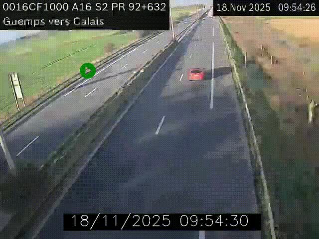 Webcam A16 juste après l'aire de repos d'Offekerque à Guemps. Vue orientée vers Calais