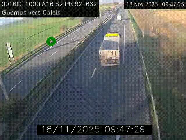 Webcam A16 juste après l'aire de repos d'Offekerque à Guemps. Vue orientée vers Calais