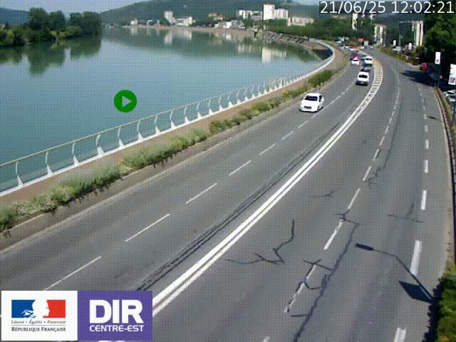 Webcam sur le quai Parjot à Vienne, aux Portes de Lyon, sur la Nationale 7, à la jonction avec le boulevard du Rhône-nord (D1407), caméra orientée vers Lyon