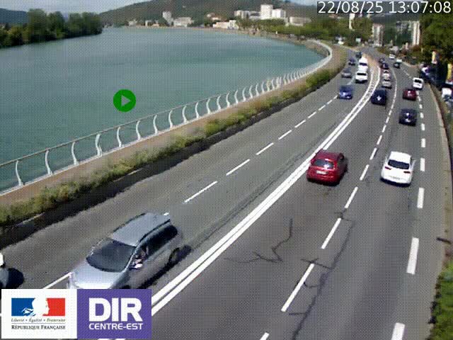 Webcam sur le quai Parjot à Vienne, aux Portes de Lyon, sur la Nationale 7, à la jonction avec le boulevard du Rhône-nord (D1407), caméra orientée vers Lyon