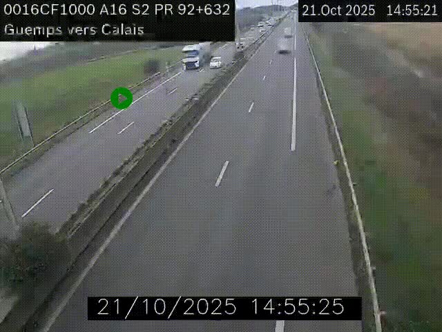 Webcam A16 juste après l'aire de repos d'Offekerque à Guemps. Vue orientée vers Calais