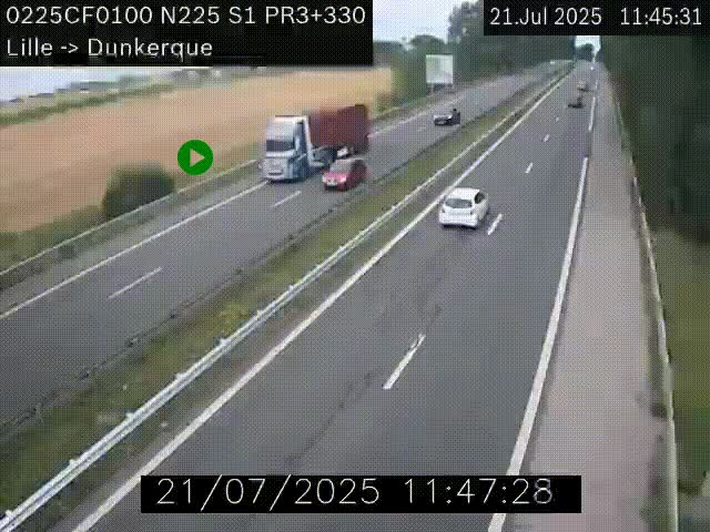 Webcam autoroute A25 (N225) à hauteur de Bergues (Bierne). Vue orientée vers Dunkerque.