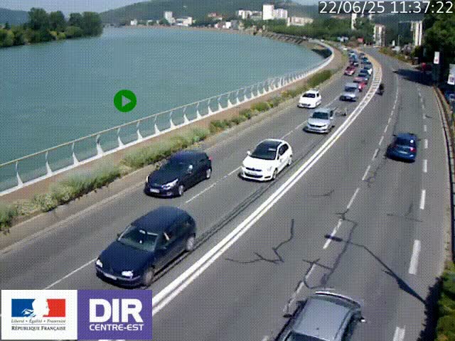 Webcam sur le quai Parjot à Vienne, aux Portes de Lyon, sur la Nationale 7, à la jonction avec le boulevard du Rhône-nord (D1407), caméra orientée vers Lyon