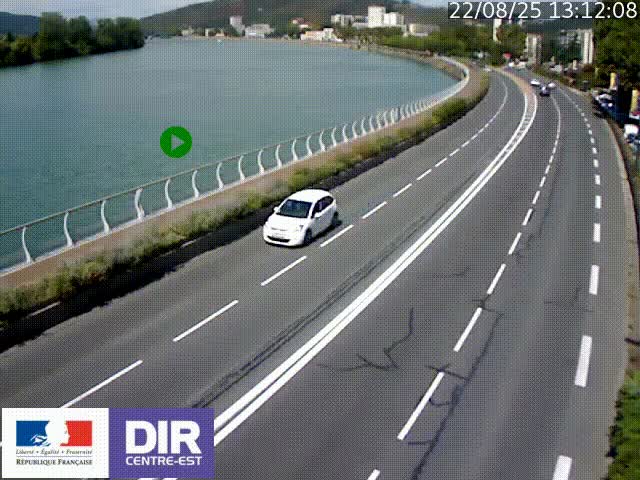 Webcam sur le quai Parjot à Vienne, aux Portes de Lyon, sur la Nationale 7, à la jonction avec le boulevard du Rhône-nord (D1407), caméra orientée vers Lyon