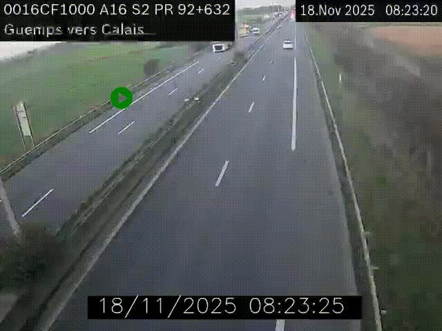 Webcam A16 juste après l'aire de repos d'Offekerque à Guemps. Vue orientée vers Calais