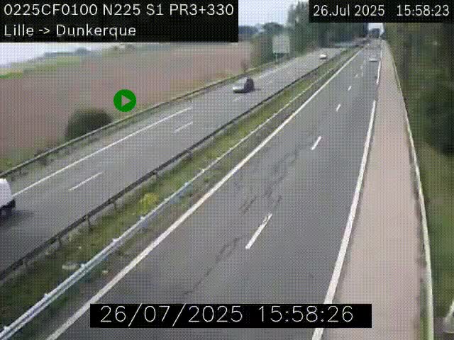 Webcam autoroute A25 (N225) à hauteur de Bergues (Bierne). Vue orientée vers Dunkerque.