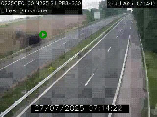 Webcam autoroute A25 (N225) à hauteur de Bergues (Bierne). Vue orientée vers Dunkerque.