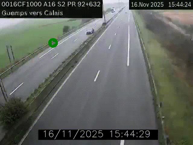 Webcam A16 juste après l'aire de repos d'Offekerque à Guemps. Vue orientée vers Calais