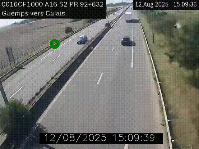 Webcam A16 juste après l'aire de repos d'Offekerque à Guemps. Vue orientée vers Calais