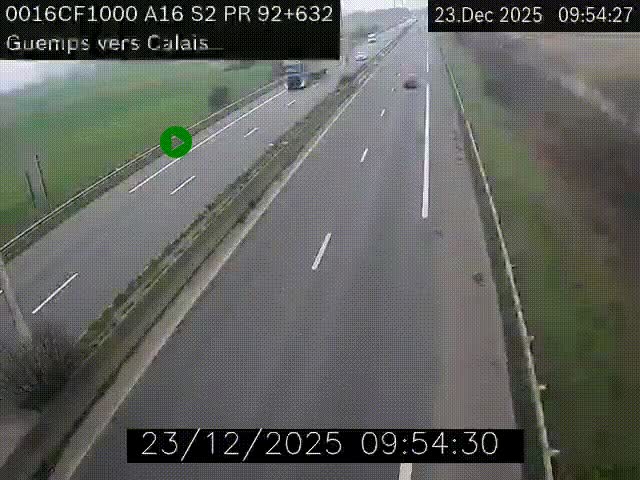 Webcam A16 juste après l'aire de repos d'Offekerque à Guemps. Vue orientée vers Calais