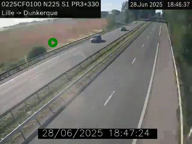 Webcam autoroute A25 (N225) à hauteur de Bergues (Bierne). Vue orientée vers Dunkerque.