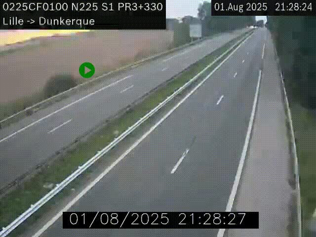 Webcam autoroute A25 (N225) à hauteur de Bergues (Bierne). Vue orientée vers Dunkerque.