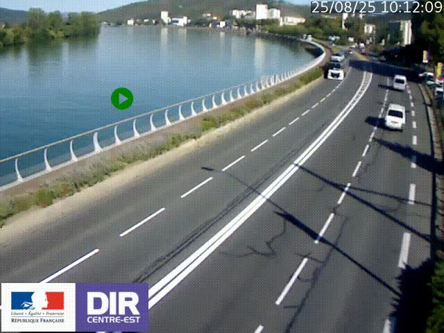 Webcam sur le quai Parjot à Vienne, aux Portes de Lyon, sur la Nationale 7, à la jonction avec le boulevard du Rhône-nord (D1407), caméra orientée vers Lyon