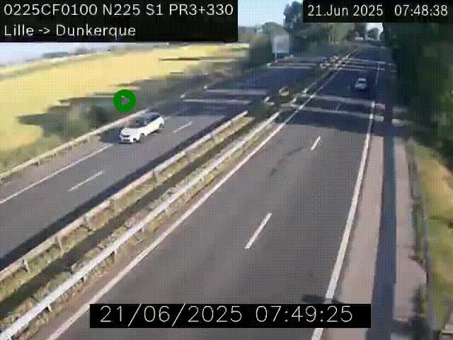 Webcam autoroute A25 (N225) à hauteur de Bergues (Bierne). Vue orientée vers Dunkerque.