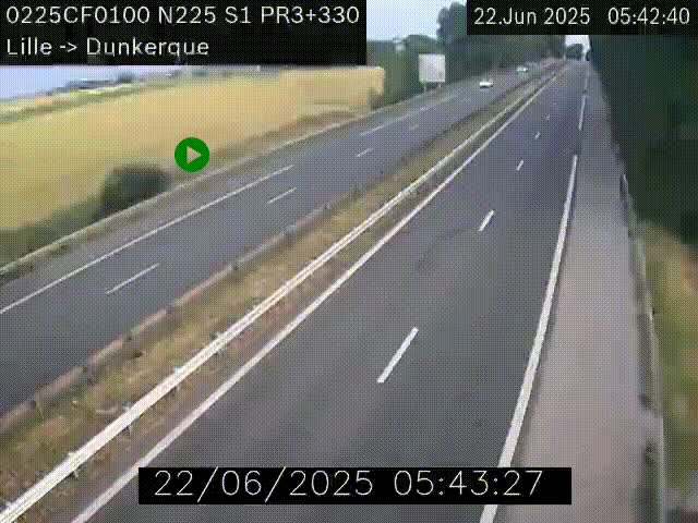 Webcam autoroute A25 (N225) à hauteur de Bergues (Bierne). Vue orientée vers Dunkerque.