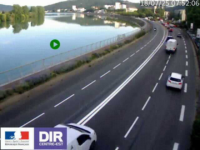 Webcam sur le quai Parjot à Vienne, aux Portes de Lyon, sur la Nationale 7, à la jonction avec le boulevard du Rhône-nord (D1407), caméra orientée vers Lyon