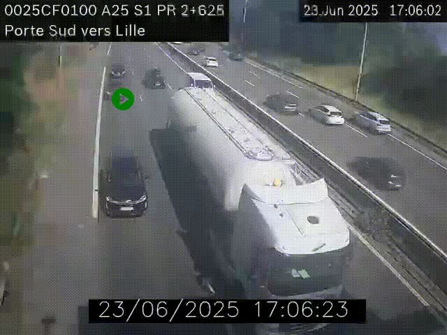 Webcam autoroute A25 sur le périphérique de Lille à hauteur de Lille-Sud et la sortie 3 Faches-Thumesnil. Vue orientée vers Lille-Centre.