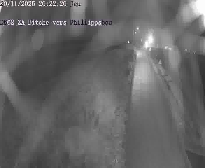 Caméra de trafic sur D662 (France) à Bitche, orientée vers Phillippsbourg, permettant d’évaluer fluidité, incidents et densité automobile.