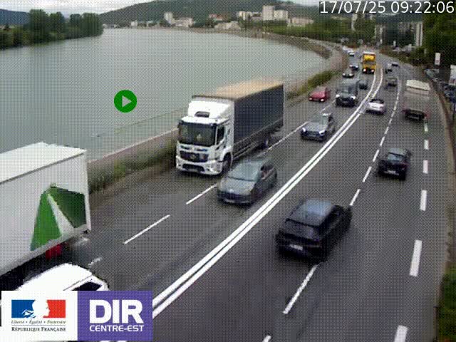 Webcam sur le quai Parjot à Vienne, aux Portes de Lyon, sur la Nationale 7, à la jonction avec le boulevard du Rhône-nord (D1407), caméra orientée vers Lyon
